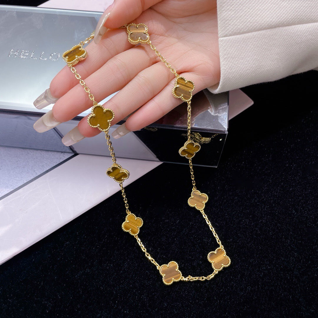 [Riva Jewelry ]CLOVER 10 MOTIFS TIGER EYE NECKLACE