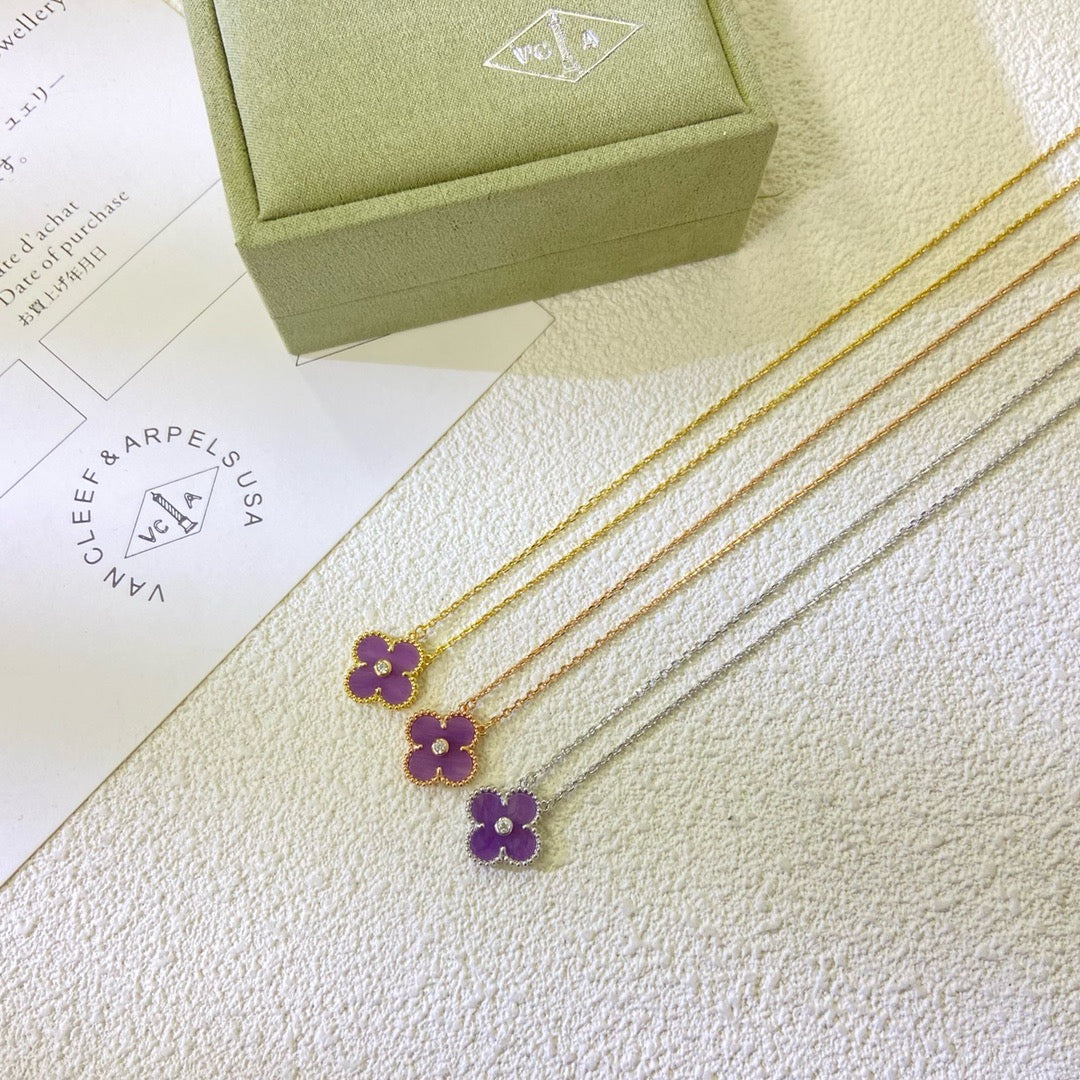 [Riva Jewelry ]CLOVER 15MM DIAMOND  PURPLE VIOLET NECKLACE