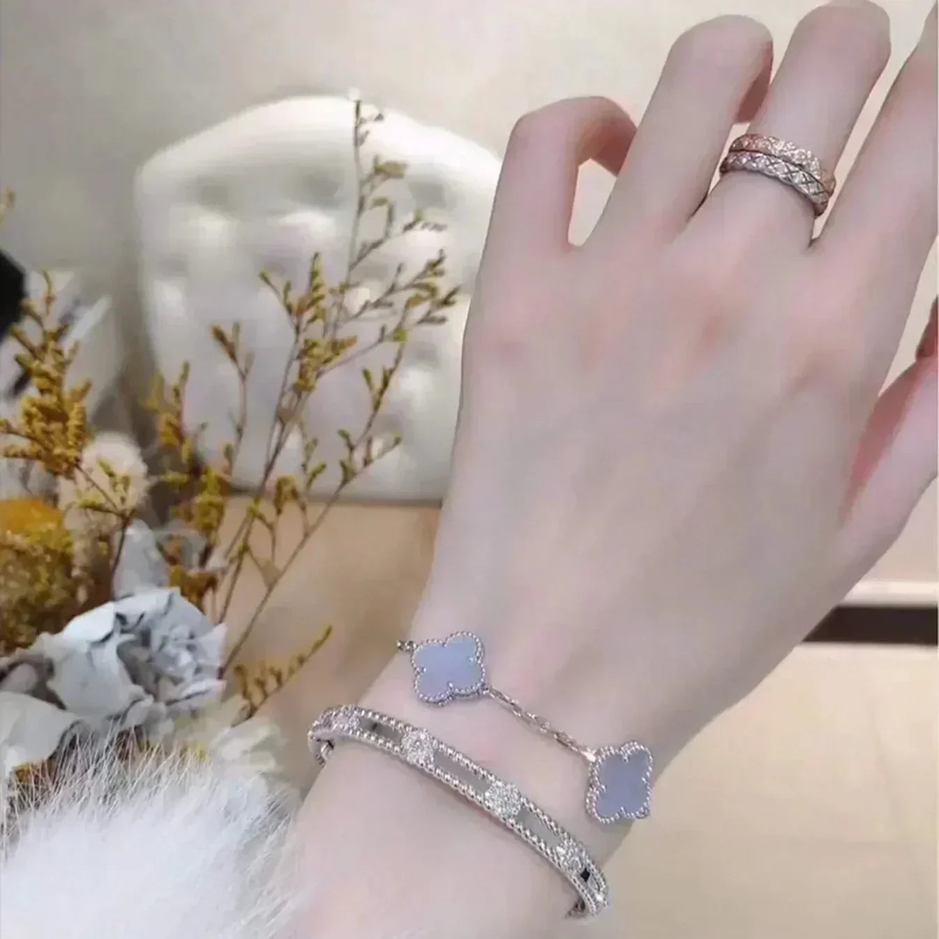 [Riva Jewelry]ラッキー クローバー 5モチーフ ブレスレット - パープルカルセドニー コレクション