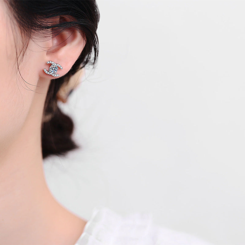 [Riva Jewelry]CHIC ZWEIFARBIGE MOISSANIT-OHRSTECKER MIT INEINANDERGREIFENDEN C-FORMEN