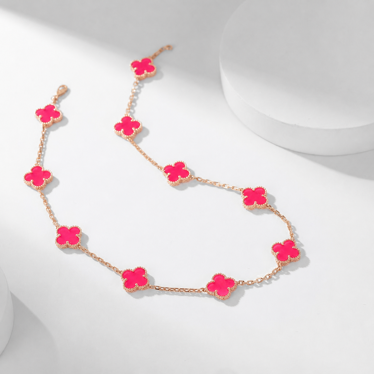 [Riva  Jewelry]NEW CLOVER 10 MOTIFS PINK ENAMEL NECKLACE