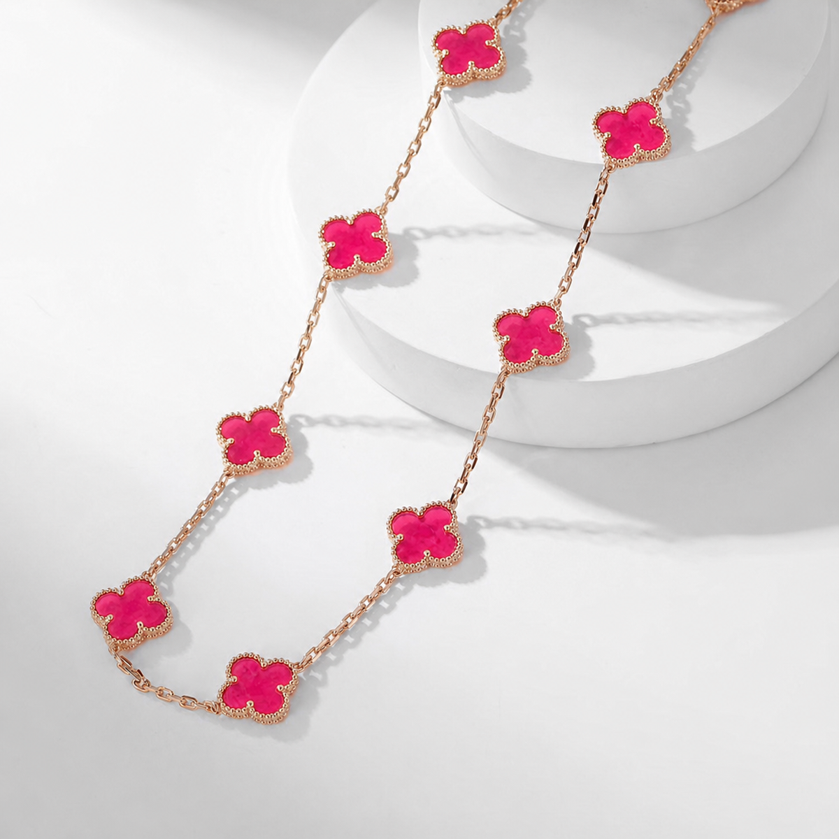 [Riva  Jewelry]NEW CLOVER 10 MOTIFS PINK ENAMEL NECKLACE