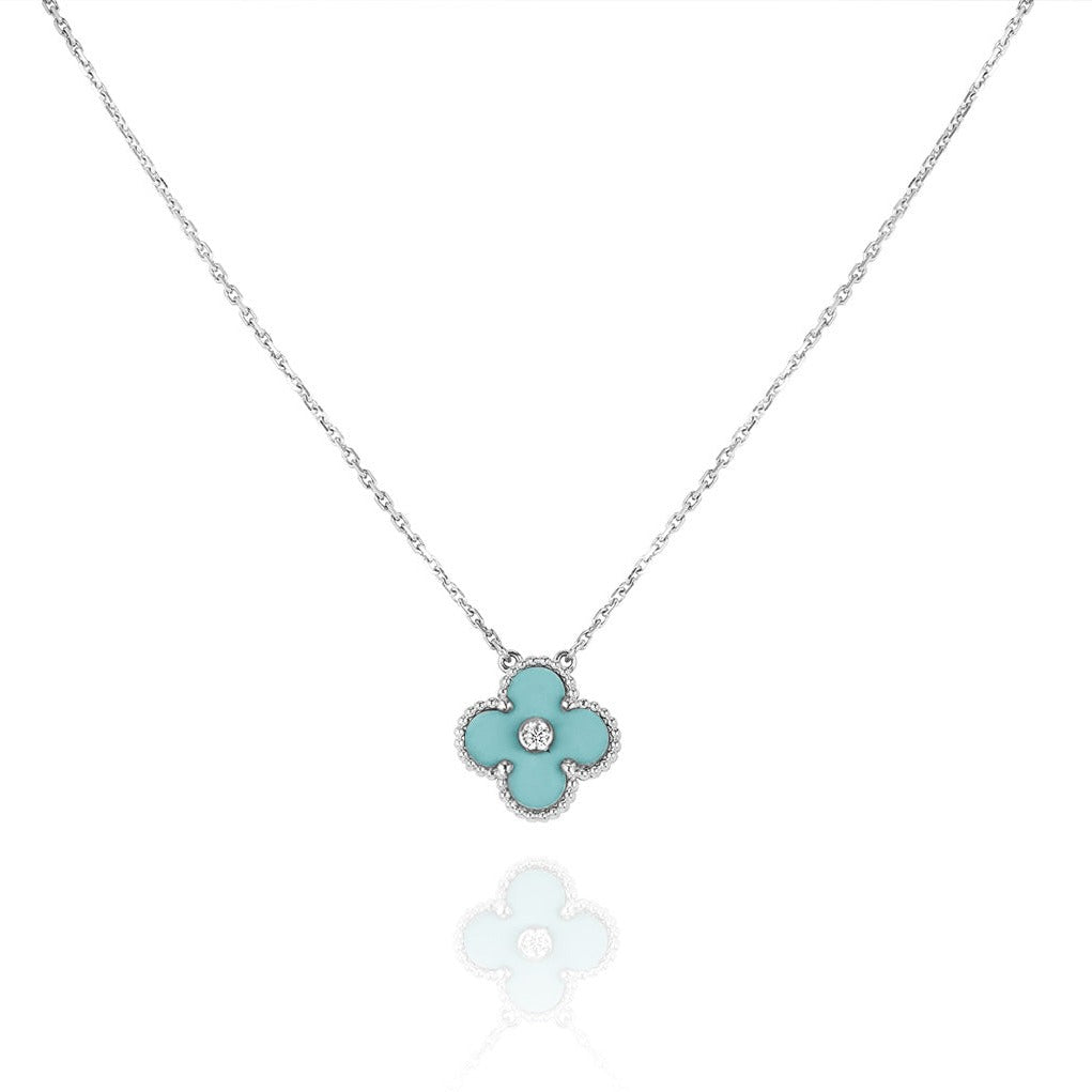 [Riva Jewelry ]CLOVER 1 DIAMOND LIGHT BLUE SILVER NECKLACE