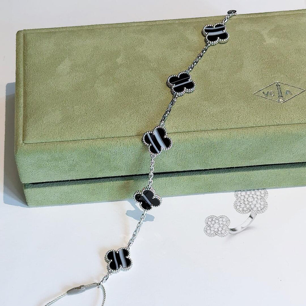 [Riva Jewelry ]CLOVER 5 MOTIF VEINED ONYX BRACELET SILVER