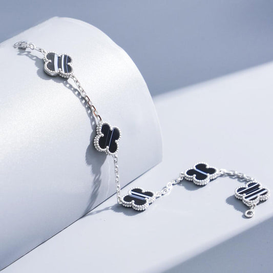 [Riva Jewelry ]CLOVER 5 MOTIF VEINED ONYX BRACELET SILVER