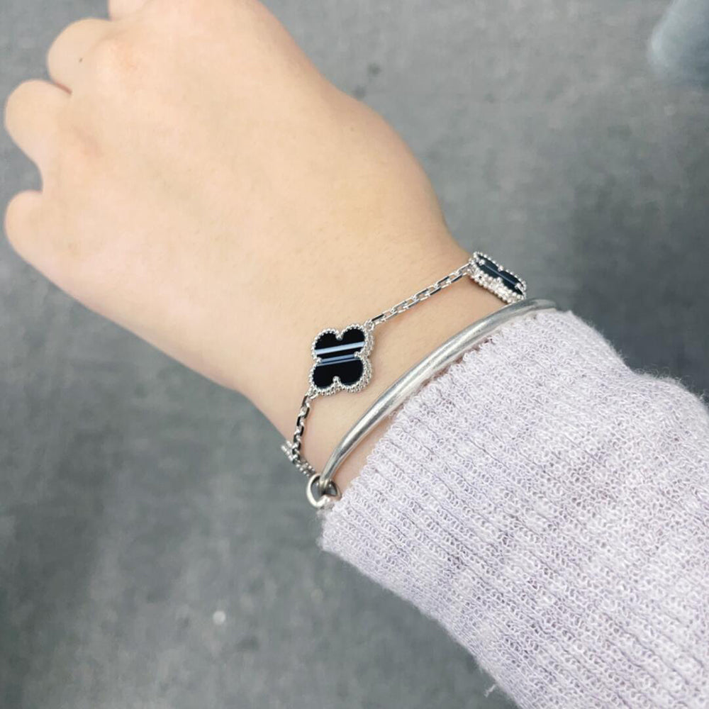 [Riva Jewelry ]CLOVER 5 MOTIF VEINED ONYX BRACELET SILVER