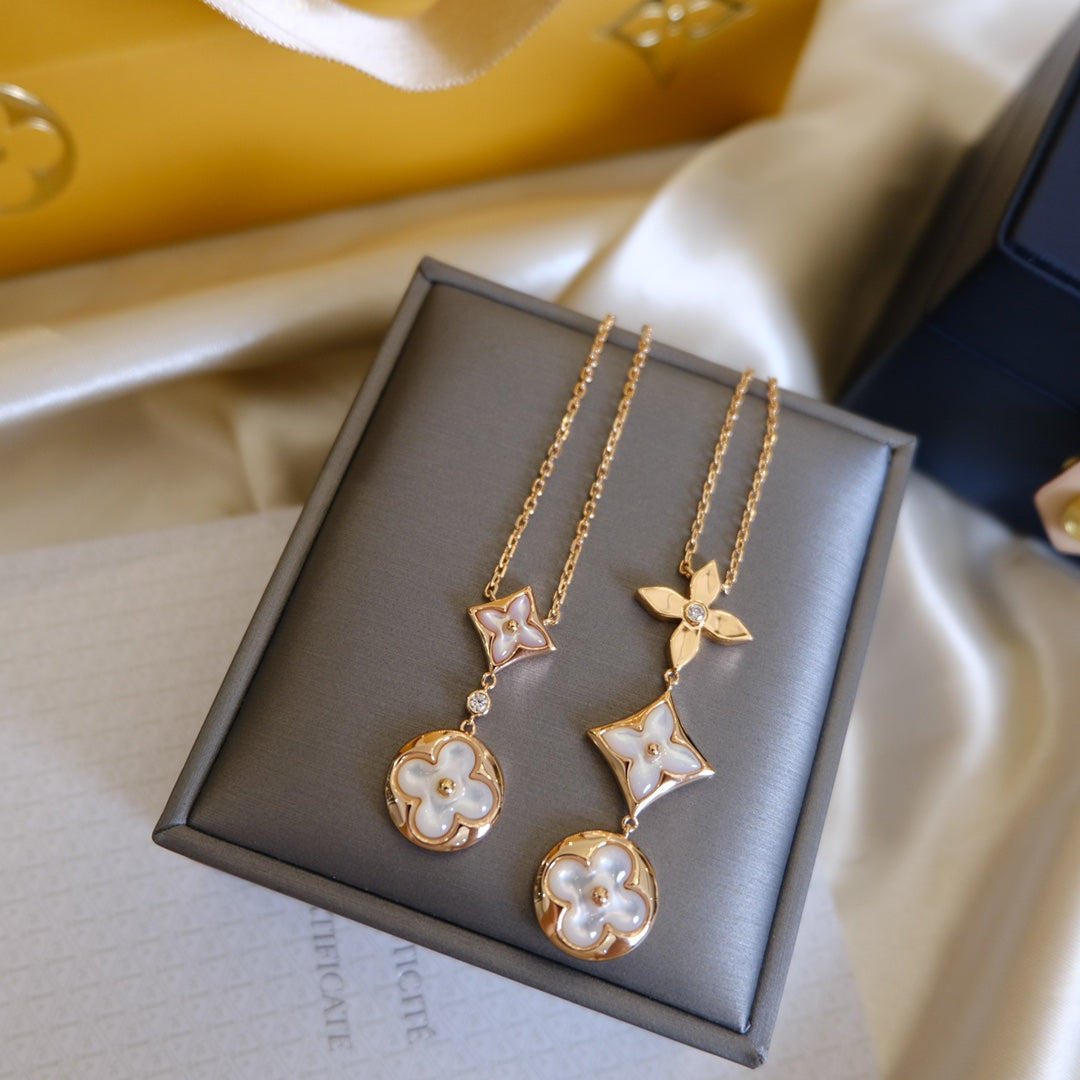 [Riva Jewelry ]COLOR BLOSSOM LARIAT NECKLACE PINK GOLD WHITE MOTHER PEARL AND DIAMOND