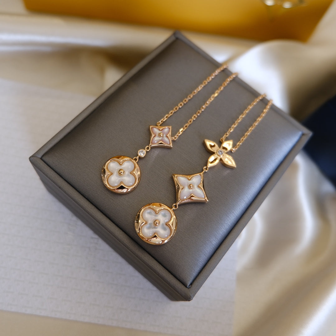 [Riva Jewelry ]COLOR BLOSSOM LARIAT NECKLACE PINK GOLD WHITE MOTHER PEARL AND DIAMOND