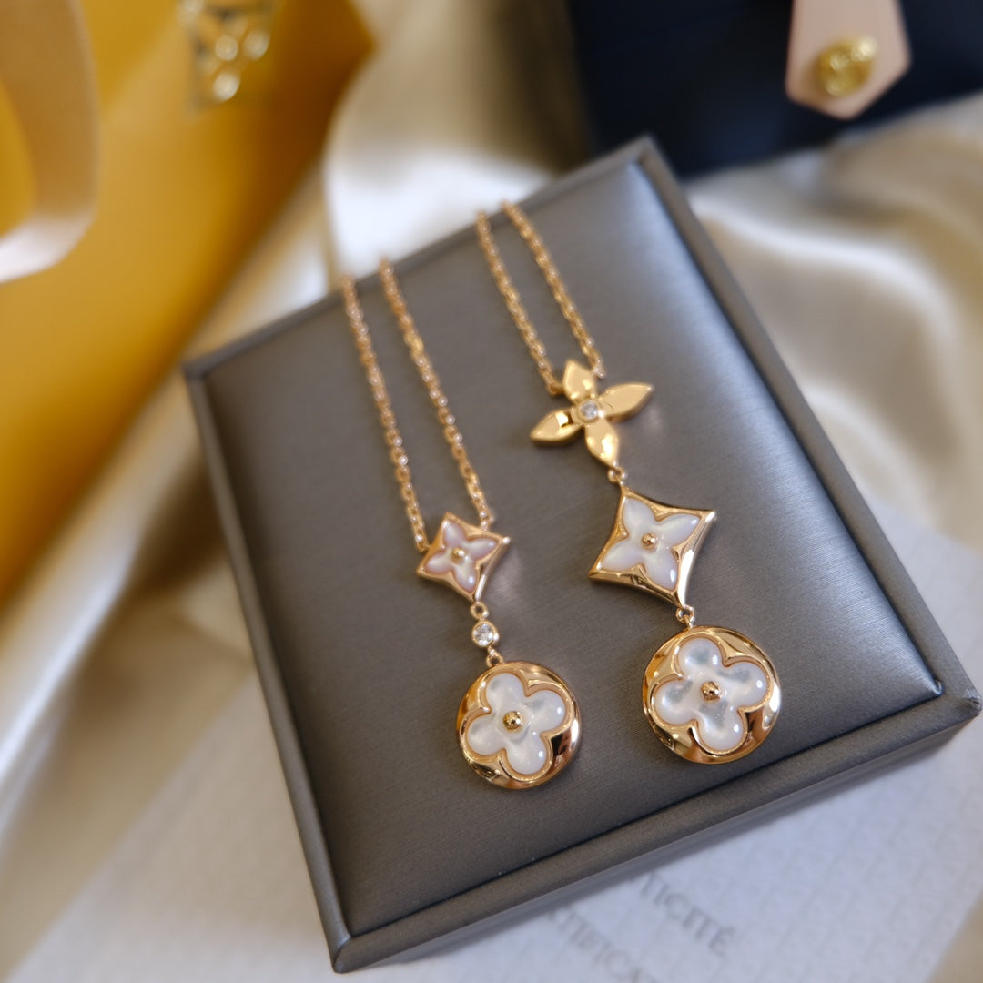 [Riva Jewelry ]COLOR BLOSSOM LARIAT NECKLACE PINK GOLD WHITE MOTHER PEARL AND DIAMOND
