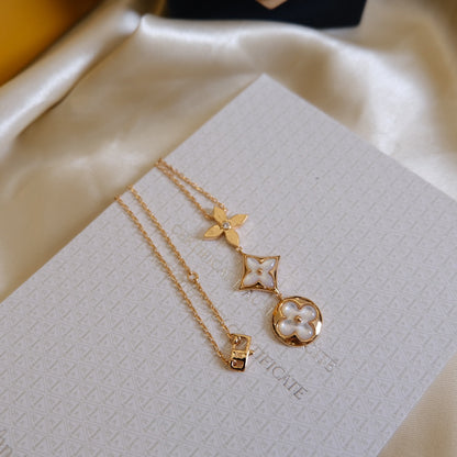 [Riva Jewelry ]COLOR BLOSSOM LARIAT NECKLACE PINK GOLD WHITE MOTHER PEARL AND DIAMOND