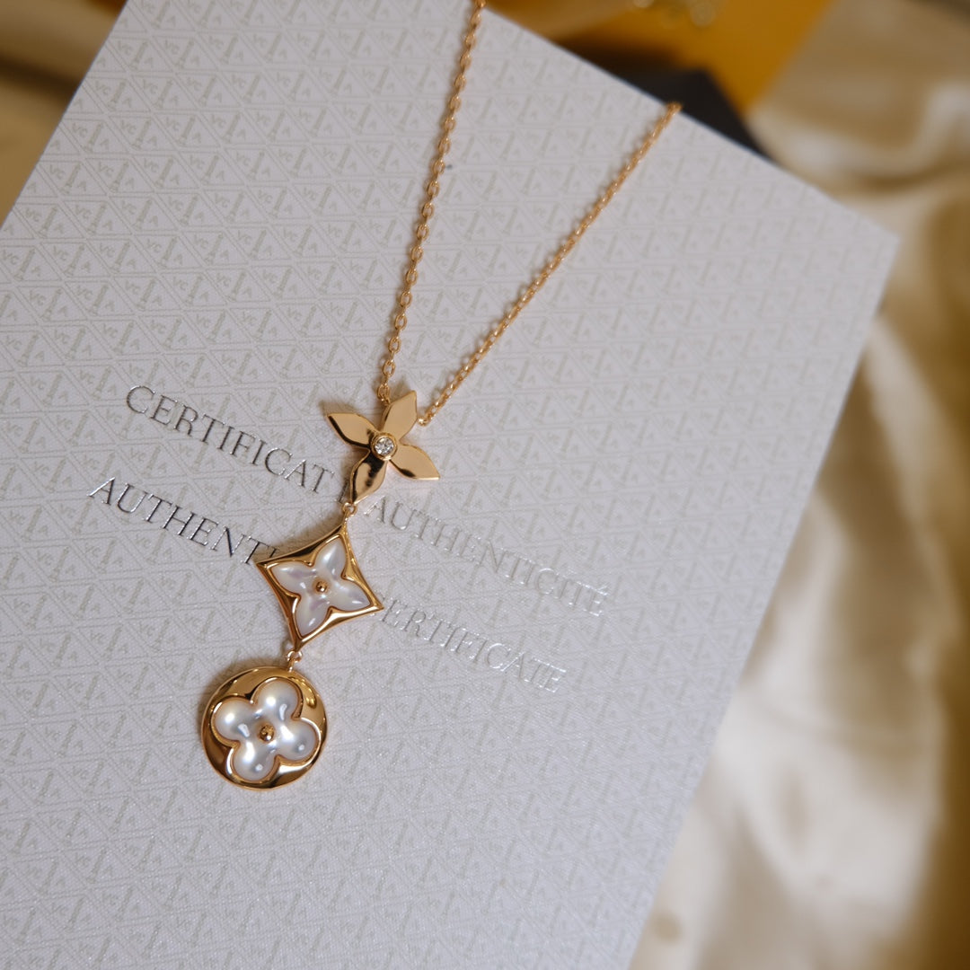 [Riva Jewelry ]COLOR BLOSSOM LARIAT NECKLACE PINK GOLD WHITE MOTHER PEARL AND DIAMOND