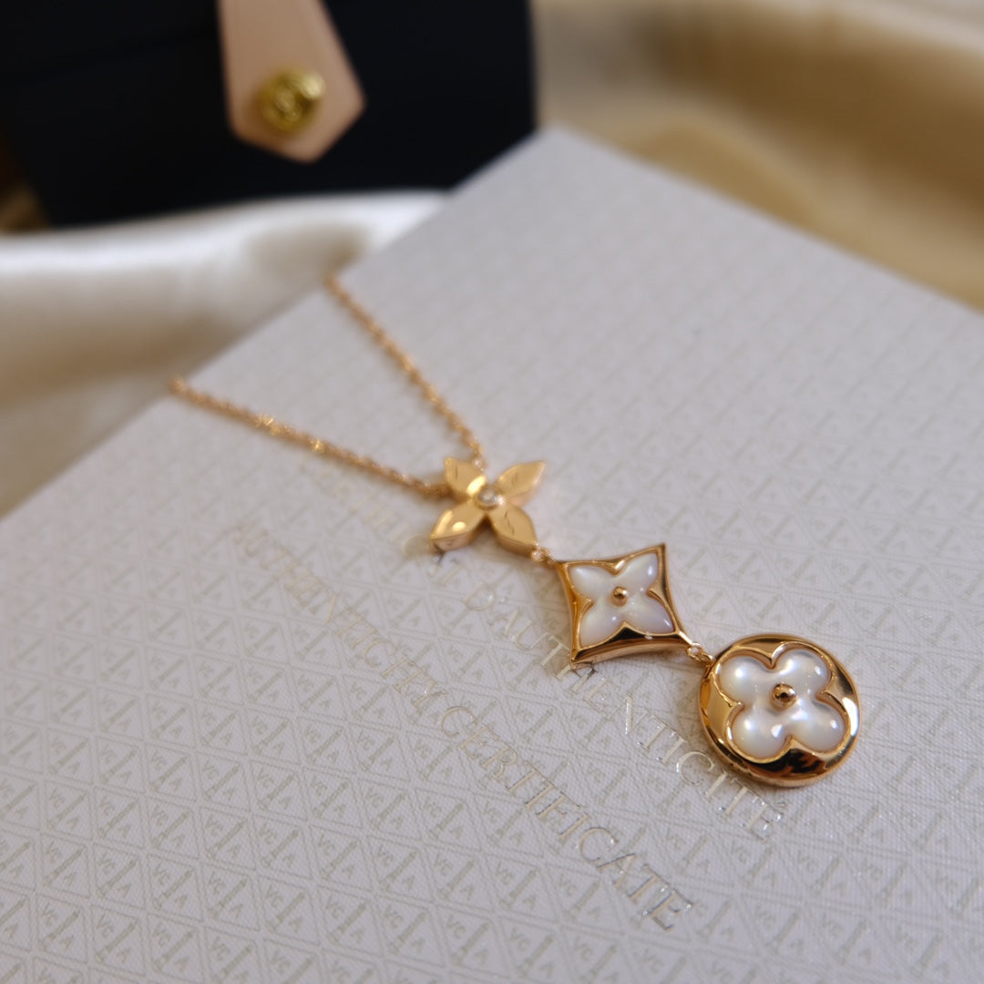 [Riva Jewelry ]COLOR BLOSSOM LARIAT NECKLACE PINK GOLD WHITE MOTHER PEARL AND DIAMOND