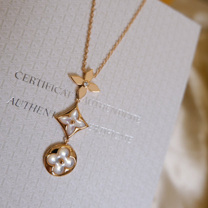 [Riva Jewelry ]COLOR BLOSSOM LARIAT NECKLACE PINK GOLD WHITE MOTHER PEARL AND DIAMOND