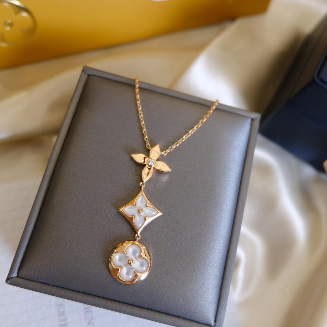[Riva Jewelry]COLOR BLOSSOM LARIAT NECKLACE ROSE GOLD WHITE MOTHER PEARL AND DIAMOND