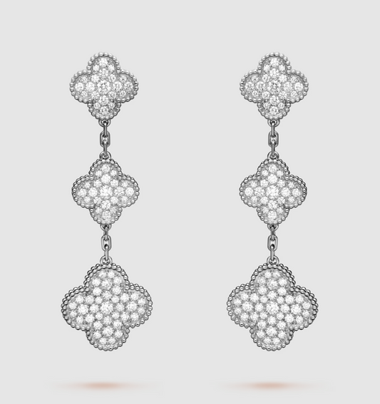 [Riva Jewelry ]CLOVER 3 MOTIF DIAMOND SILVER DROP EARRINGS
