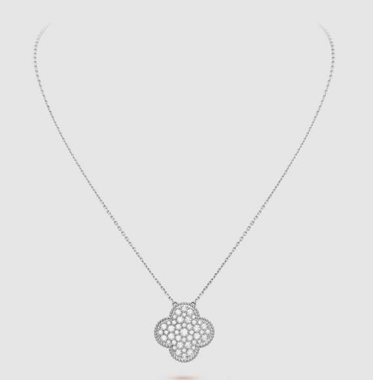 [Riva Jewelry ]CLOVER 25MM LARGE PENDANT DIAMOND PAVED SILVER NECKLACE