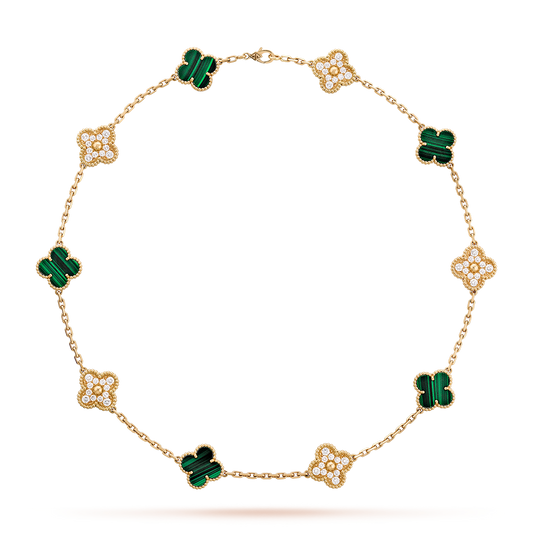 [Riva Jewelry ]CLOVER 10 MOTIFS MALACHITE DIAMOND NECKLACE