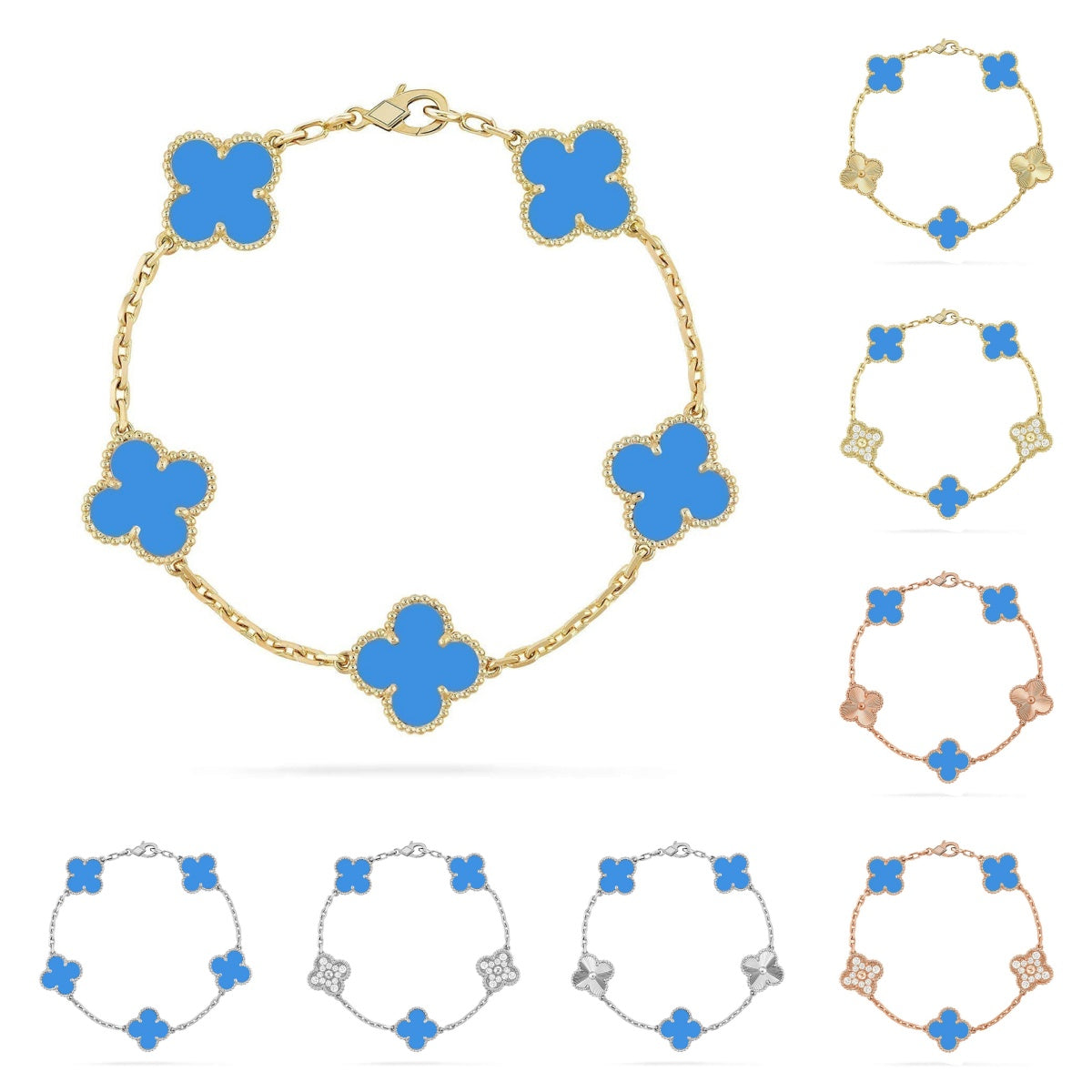 [Riva Jewelry]LUCKY CLOVER 5-MOTIV-ARMBAND – BLAUER ACHAT KOLLEKTION