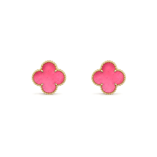 [Riva  Jewelry]NEW CLOVER 15MM PINK ENAMEL STUD EARRINGS