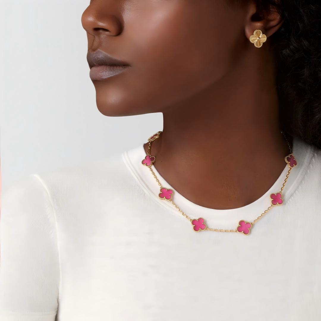 [Riva  Jewelry]NEW CLOVER 10 MOTIFS PINK ENAMEL NECKLACE
