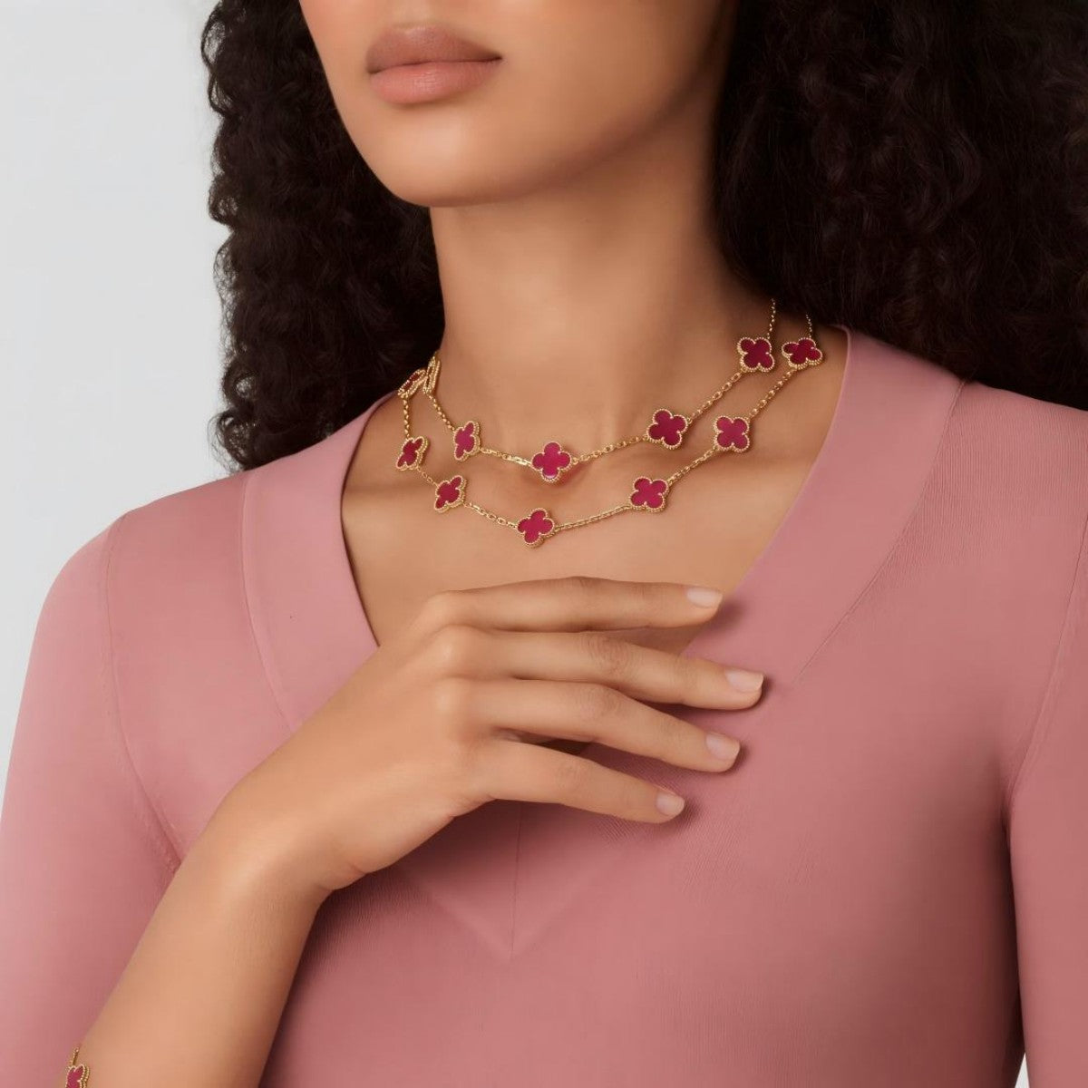 [Riva  Jewelry] NEW CLOVER 20 MOTIFS PINK ENAMEL NECKLACE