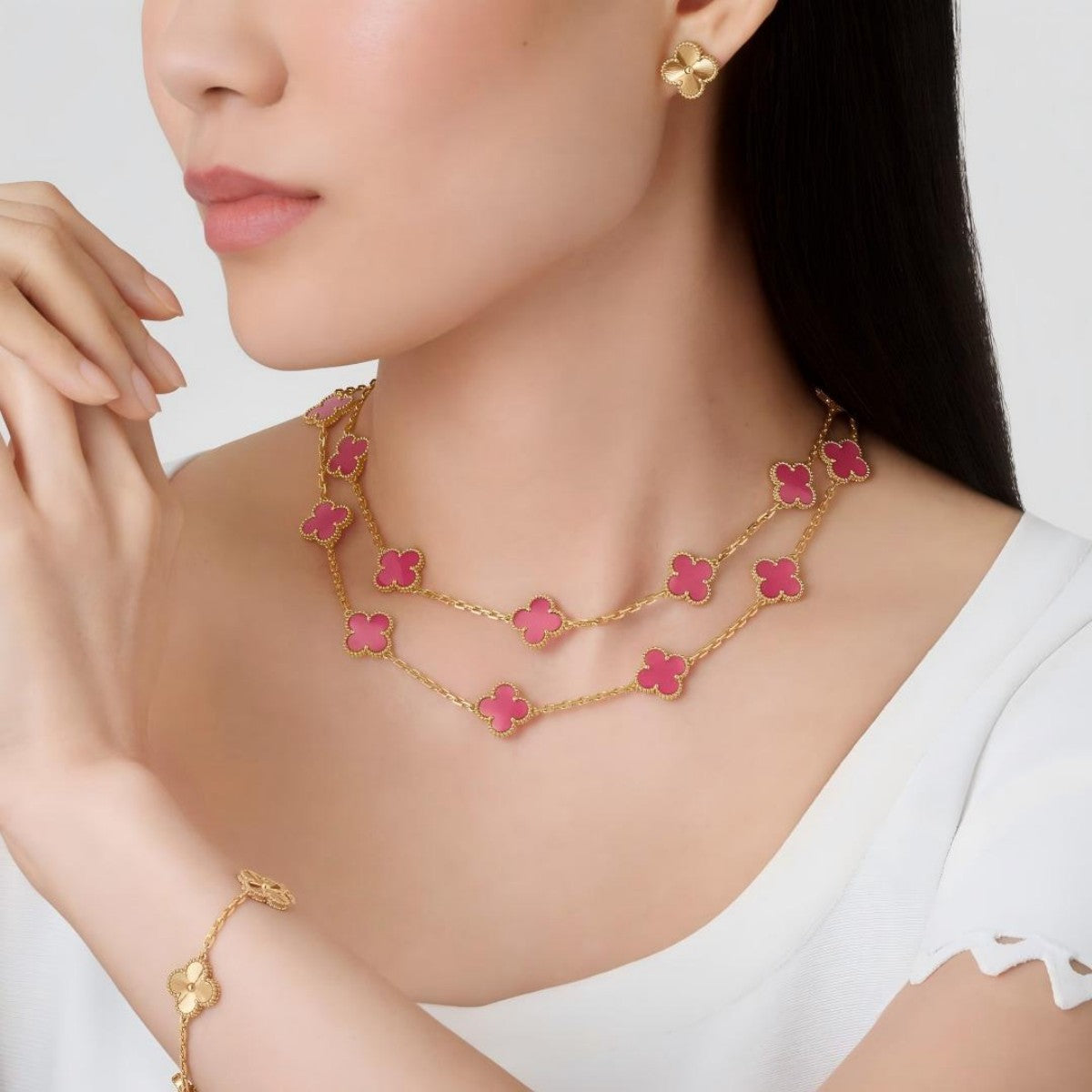 [Riva  Jewelry] NEW CLOVER 20 MOTIFS PINK ENAMEL NECKLACE
