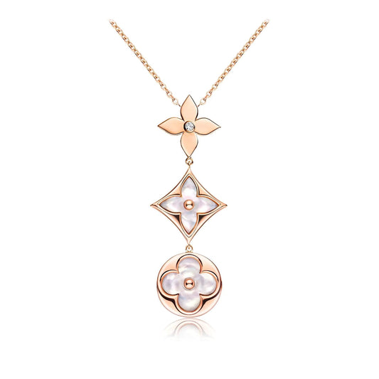 [Riva Jewelry ]COLOR BLOSSOM LARIAT NECKLACE PINK GOLD WHITE MOTHER PEARL AND DIAMOND
