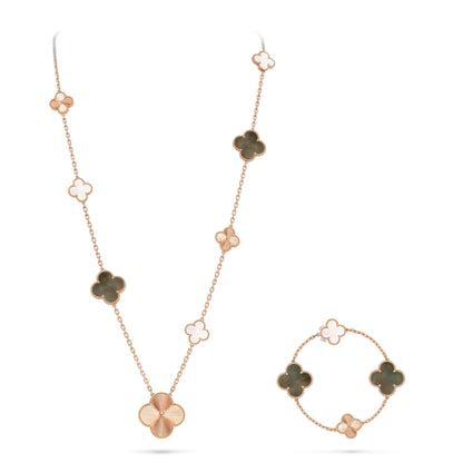 [Riva Jewelry ]DETACHABLE CLOVER 15(11+4) FLOWER ROSE GOLD NECKLACE SET