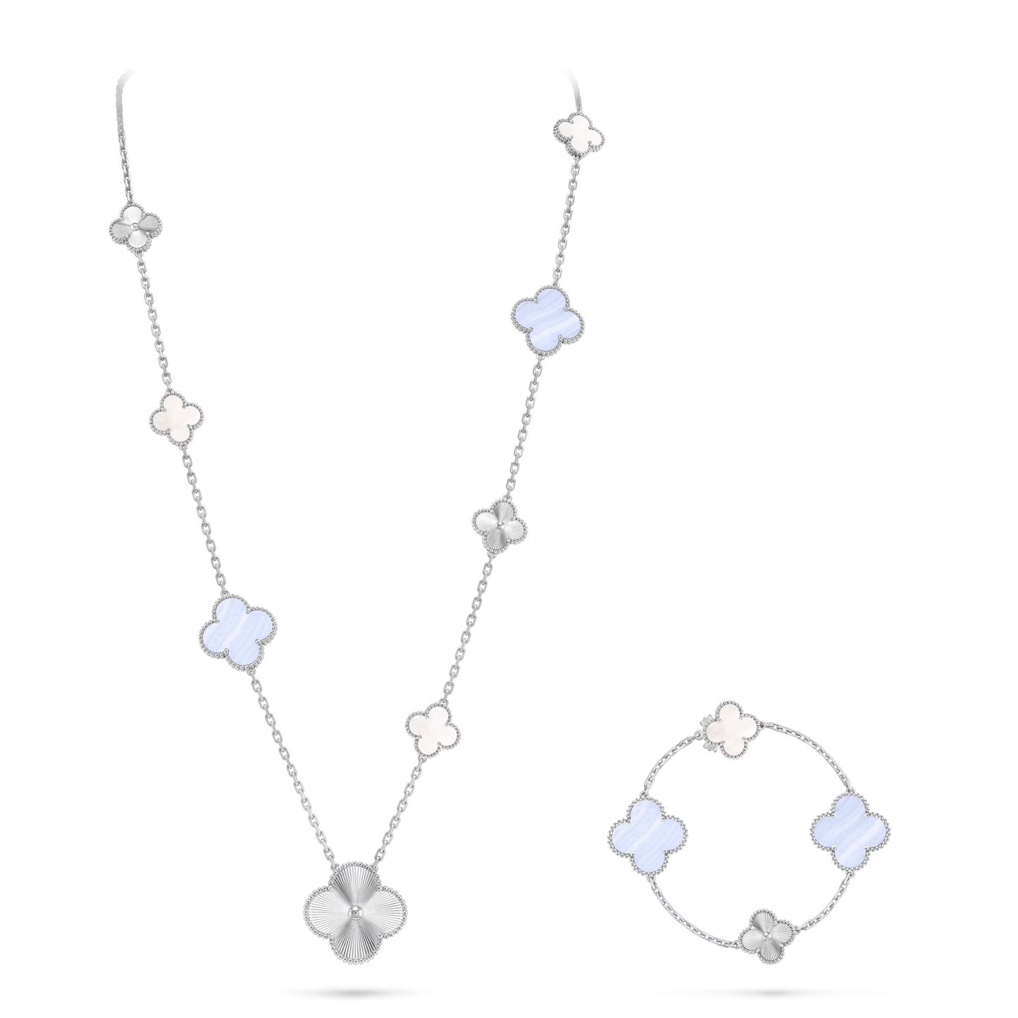 [Riva Jewelry]取り外し可能 15モチーフ クローバー ステートメントセット - パープルカルセドニー＆レーザー