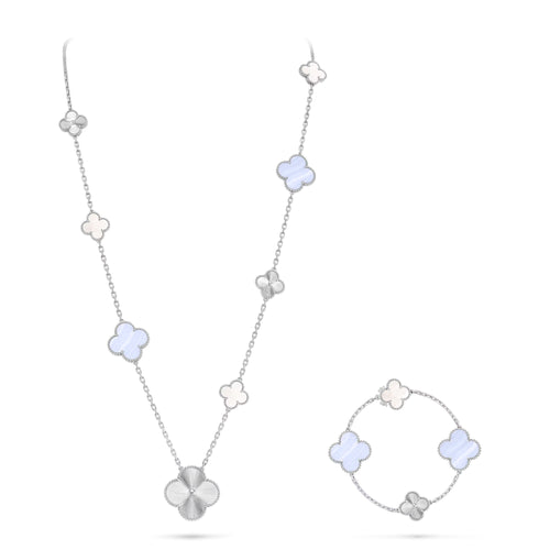 [Riva Jewelry]取り外し可能 15モチーフ クローバー ステートメントセット - パープルカルセドニー＆レーザー