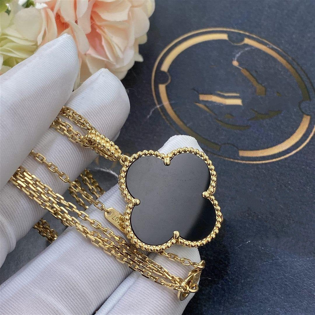 [Riva Jewelry ]CLOVER 25MM GOLD ONYX BIG CLOVER NECKLACE