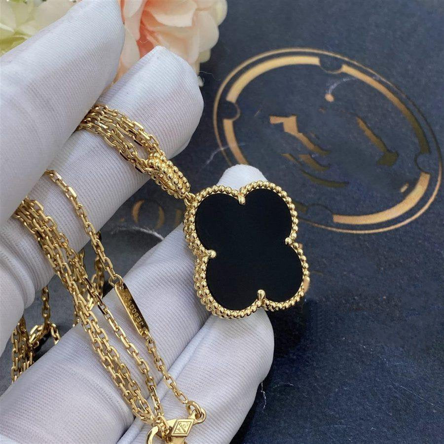 [Riva Jewelry ]CLOVER 25MM GOLD ONYX BIG CLOVER NECKLACE