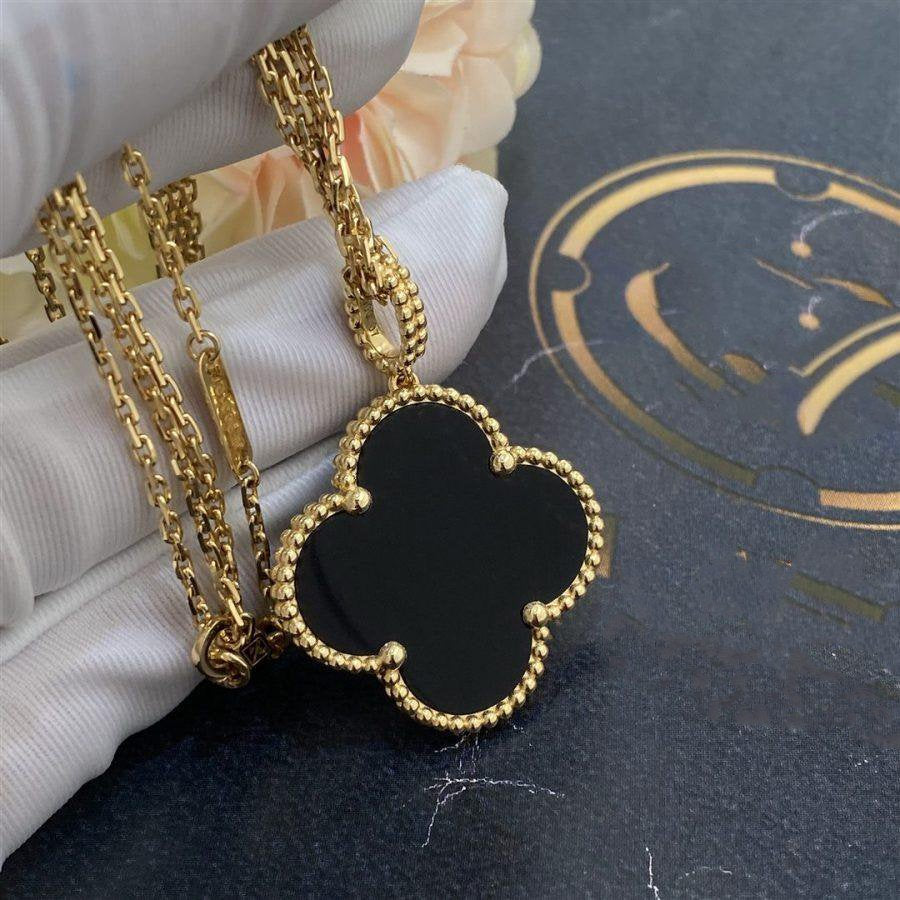 [Riva Jewelry ]CLOVER 25MM GOLD ONYX BIG CLOVER NECKLACE