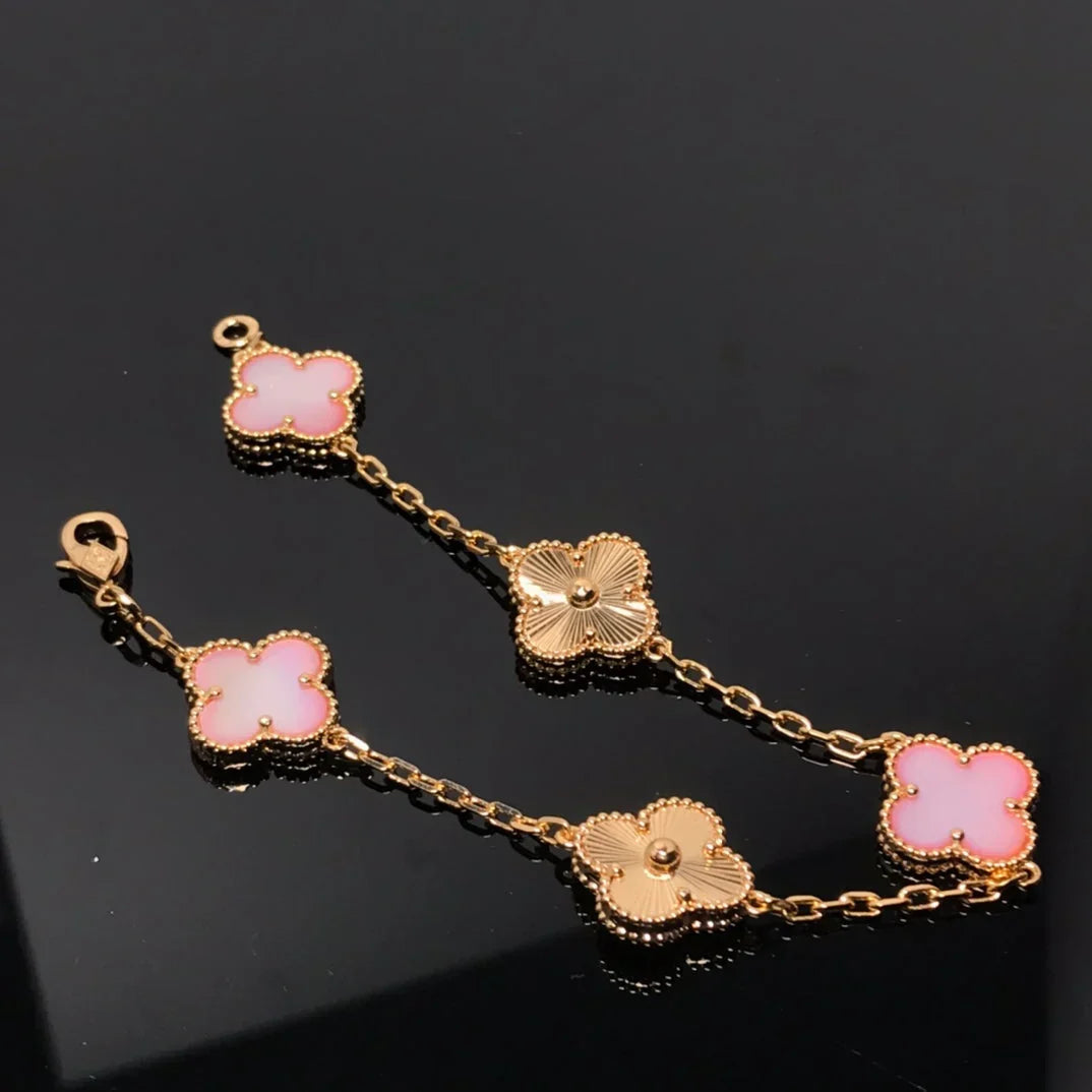 [リーバジュエリー]ラッキー クローバー 5モチーフ ブレスレット - ピンクマザーオブパール コレクション
