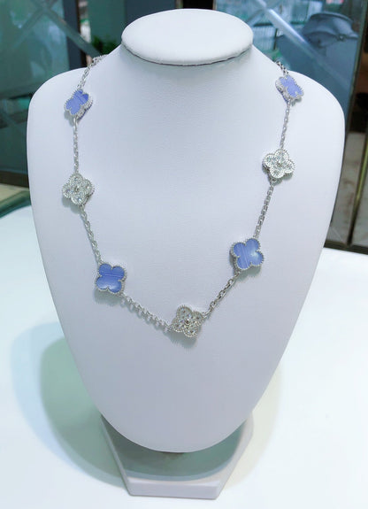 [Riva Jewelry ]CLOVER 10 MOTIFS CHALCEDONY DIAMONDS SILVER NECKLACE