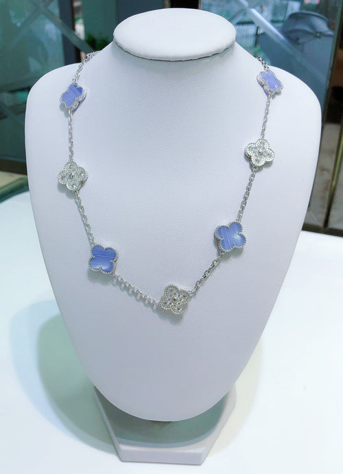 [Riva Jewelry ]CLOVER 10 MOTIFS CHALCEDONY DIAMONDS SILVER NECKLACE