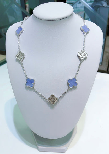 [Riva Jewelry ]CLOVER 10 MOTIFS CHALCEDONY DIAMONDS SILVER NECKLACE