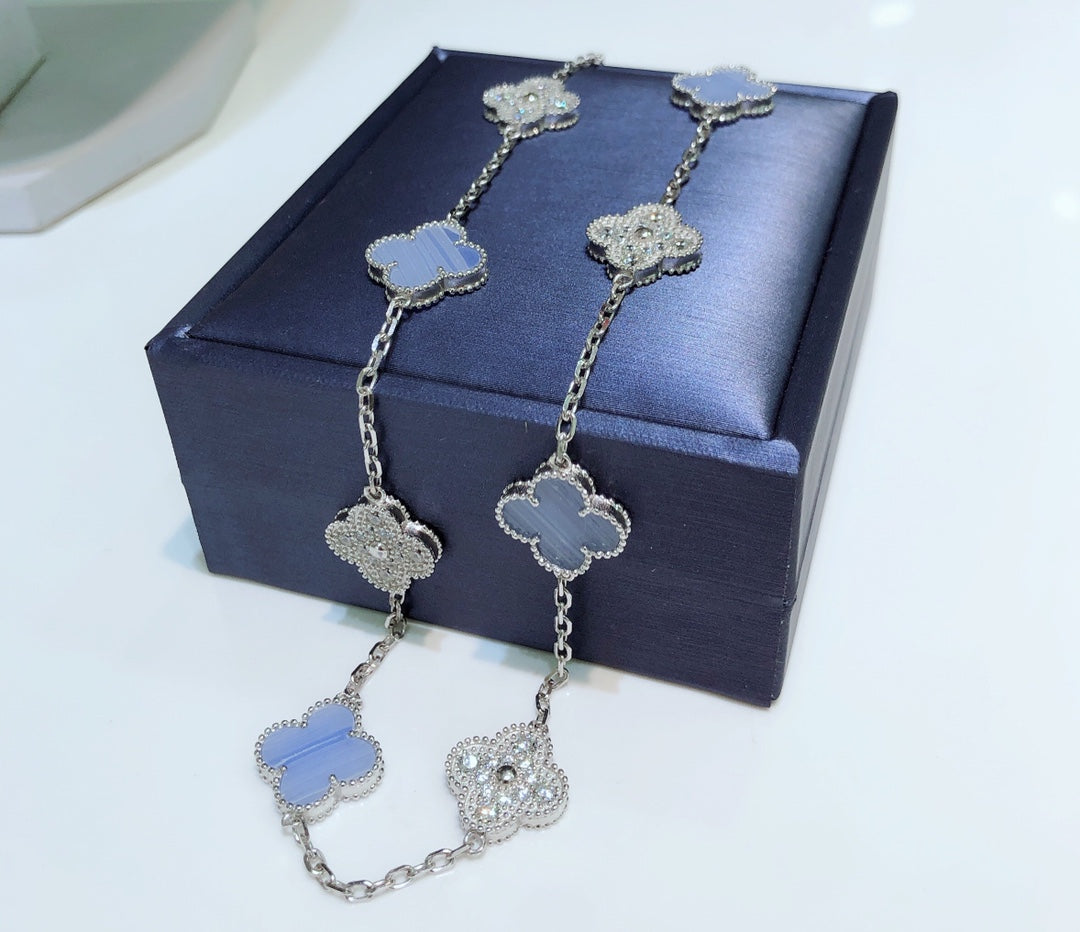 [Riva Jewelry ]CLOVER 10 MOTIFS CHALCEDONY DIAMONDS SILVER NECKLACE