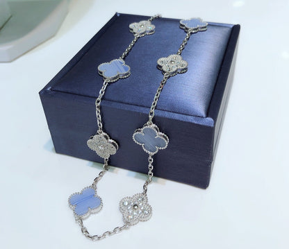 [Riva Jewelry ]CLOVER 10 MOTIFS CHALCEDONY DIAMONDS SILVER NECKLACE