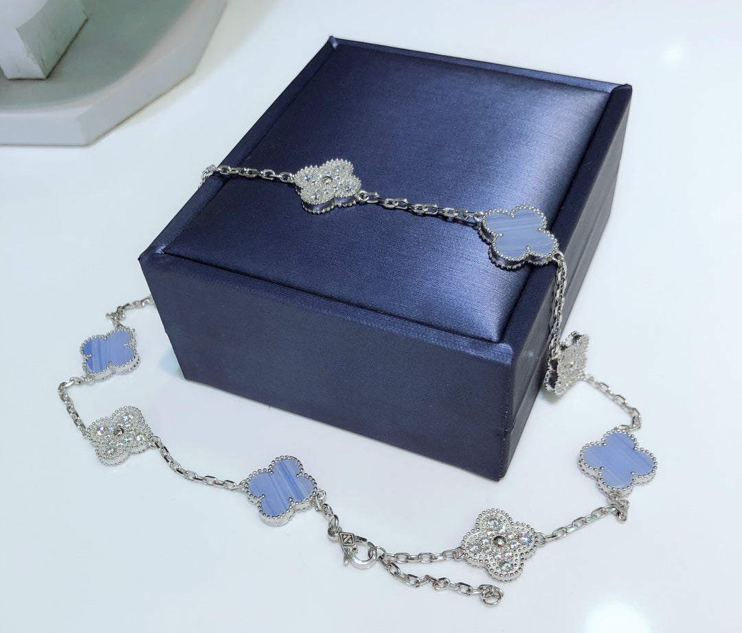 [Riva Jewelry ]CLOVER 10 MOTIFS CHALCEDONY DIAMONDS SILVER NECKLACE