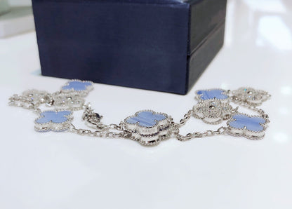 [Riva Jewelry ]CLOVER 10 MOTIFS CHALCEDONY DIAMONDS SILVER NECKLACE