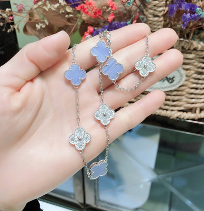 [Riva Jewelry ]CLOVER 10 MOTIFS CHALCEDONY DIAMONDS SILVER NECKLACE